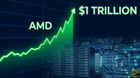 A stylized graphic features a bright green upward-trending line graph on a dark blue background with a subtle grid overlay. The letters 'AMD' are prominently displayed in the upper left, also in bright green. An arrow at the peak of the graph points towards the text '$1 TRILLION' in the upper right. Below the graph, three dark server racks with glowing lights are positioned in the foreground, with a blurred blue circuit board visible in the background, reinforcing the tech theme.