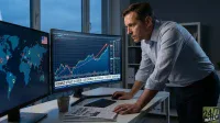 A man in a light blue shirt leans on a white desk, intently looking at two computer monitors in a dimly lit office. The right monitor displays a financial chart with a prominent red upward arrow indicating a surge, with text reading 'HORMUZ STRAIT CLOSED - US ENERGY IN FOCUS - IYE ETF SURGES.' The left monitor shows a blue world map with various location markers and an American flag. A keyboard, mouse, and a stack of newspapers, one partially visible with 'AMERICAN OIL'S MOMENT,' are on the desk.