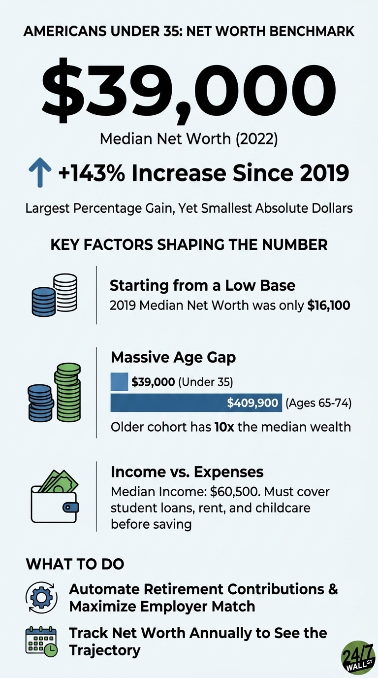 An infographic titled 'Americans Under 35: Net Worth Benchmark'. The main number displayed is '$39,000 Median Net Worth (2022)', with an arrow indicating a '+143% Increase Since 2019', noting it's the 'Largest Percentage Gain, Yet Smallest Absolute Dollars'. Below, 'KEY FACTORS SHAPING THE NUMBER' are listed: 'Starting from a Low Base' (2019 Median Net Worth was only $16,100), 'Massive Age Gap' ($39,000 Under 35 vs. $409,900 Ages 65-74, stating older cohort has 10x the median wealth), and 'Income vs. Expenses' (Median Income: $60,500, must cover student loans, rent, and childcare before saving). The 'WHAT TO DO' section advises to 'Automate Retirement Contributions & Maximize Employer Match' and 'Track Net Worth Annually to See the Trajectory'.