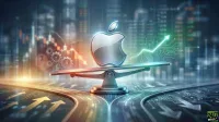 A digitally rendered image features a shiny metallic Apple logo prominently placed on a silver balancing scale. The left side of the scale is slightly lowered, backed by blurred orange and red financial charts showing downward trends and mechanical gears, suggesting risk or operational factors. The right side of the scale is slightly raised, against a backdrop of blurred blue and green financial charts with an upward-trending arrow integrated into a circuit board pattern, symbolizing growth and technology. Below the scale, two illuminated roads diverge, one with golden upward arrows and the other with blue circuit board patterns with upward arrows, set against a futuristic, glowing city background.