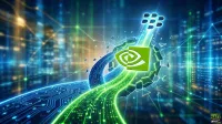 A dynamic digital illustration features the green NVIDIA logo emerging from shattered glass, connected to a winding blue circuit board pathway that merges with a bright green data stream. Above, the white BlackBerry logo glows against a dark blue background. The overall scene is set against a blurred futuristic cityscape with glowing network lines, suggesting advanced technology and connectivity.