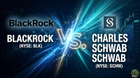 A graphic illustrating a 'Vs.' comparison between BlackRock and Charles Schwab. On the left, the BlackRock logo and text 'BLACKROCK (NYSE: BLK)' are displayed. On the right, the Charles Schwab 'S' logo and text 'CHARLES SCHWAB SCHWAB (NYSE: SCHW)' are shown. A bright, electrifying 'Vs.' symbol with blue and teal light streaks dominates the center. The background features subtle financial graphs and a world map outline.