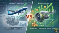 An infographic split into two sections by a large 'VS.' symbol. The left section, titled 'MOMENTUM & TURNAROUND', features a blue Boeing 777 airplane taking off over green rising bar charts and stock data. Below it are intricate gears, financial reports with red negative numbers, and text indicating 'HIGH RISK' and 'NO INCOME'. The right section, titled 'INCOME & STABILITY', shows a white passenger airplane flying above a large green jet engine and stacks of gold coins. Green upward arrows and a 'FREE CASH FLOW' bar chart are also present, with text stating 'STRONG CASH FLOW' and 'RETIREMENT HOLDING'. The overall background is a grid pattern, and the bottom right corner has a '24/7 WALL ST' logo.