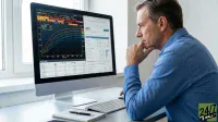 A man with short, grey hair wearing a blue collared shirt sits at a desk, looking intently at a computer monitor displaying financial charts and data. His right hand is thoughtfully placed under his chin. The screen shows 'BOND YIELDS' and a graph with multiple colored lines, along with tables and a section for 'SPTI'. A keyboard, mouse, notepad, and pen are visible on the white desk, with a window in the background.