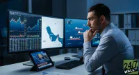 A man in a light blue collared shirt sits at a desk, looking intently at three computer monitors. His right hand is raised to his chin in a thoughtful pose. The leftmost monitor displays financial stock charts with green and red lines. The middle monitor shows a map of the Persian Gulf. The rightmost monitor displays an animated graphic of multiple red and white oil tankers on blue water. On the desk, a black tablet shows a news report featuring a man's face and text about 'OIL PRICES RISE AND SUPPLY BLOCKADE'. A black keyboard is also visible on the desk.