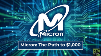 A white Micron logo, featuring a stylized capital 'M' encircled by an oval, is centered against a background of glowing blue and green digital circuit lines. Below the logo, a dark blue banner with a white border prominently displays the text 'Micron: The Path to $1,000' in white font. A '24/7 Wall St.' logo is visible in the bottom right corner.