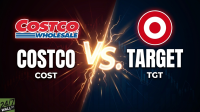 A graphic image comparing Costco and Target. The left side, set against a red background with subtle financial chart lines, features the Costco Wholesale logo, the word 'COSTCO', and the stock ticker 'COST'. The right side, against a dark blue background also with chart lines, displays the Target bullseye logo, the word 'TARGET', and the stock ticker 'TGT'. A bright, glowing 'Vs.' with yellow lightning bolts dramatically splits the image down the center, emphasizing a direct confrontation between the two companies. The '24/7 WALL ST' logo is visible in the bottom left corner.