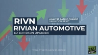 A financial news graphic with a dark blue rectangular overlay on a blue-green background that shows subtle stock charts, candlestick patterns, and large green upward and red downward arrows. The dark blue overlay prominently displays white text: 'RIVN', 'RIVIAN AUTOMOTIVE', and 'DA DAVIDSON UPGRADE'. Above this, a smaller dark grey bar has white text stating 'ANALYST RATING CHANGE' and 'VALUATION RESET'. At the bottom left, 'WALL STREET INSIDERS FRAME' is written in white, and the bottom right features a green and black '24/7 WALL ST' logo.