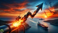 A dramatic composite image shows dark, fiery oil erupting from a large pipeline on the left, forming a three-dimensional upward-pointing arrow that dominates the center. The background features a vibrant sunset with orange and red clouds over a blue sea. An oil tanker and a grey warship are visible in the water, navigating a strait with landmasses on either side. A faded, transparent map of the Middle East and surrounding regions is overlaid across the sky. A green '24/7 WALL ST' logo is in the bottom left.