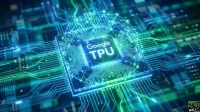 A brightly lit microchip, prominently labeled 'Google TPU,' sits at the center of an intricate circuit board. Glowing blue and green lines trace complex pathways across the board, surrounded by a luminous network of interconnected nodes, all against a dark, blurred background that gives a sense of depth and advanced technology. The overall impression is one of cutting-edge innovation and high-speed processing.