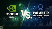 A graphic featuring a central 'VS.' in gold, separating Nvidia on the left from Palantir Technologies on the right. The Nvidia side has a green background with circuit board patterns, the Nvidia logo, the text 'NVIDIA' and 'NVDA', and a stock chart. The Palantir side has a blue background with a connected network of dots, the Palantir logo, the text 'PALANTIR TECHNOLOGIES' and 'PLTR', and also a stock chart. Lightning bolts emanate from the 'VS.' symbol.