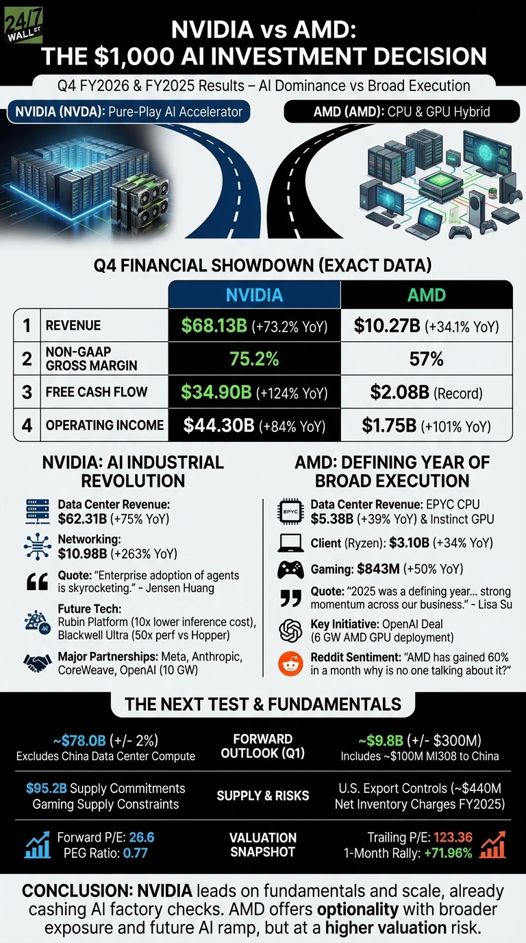 An infographic titled 'NVIDIA vs AMD: The $1,000 AI Investment Decision' comparing NVIDIA and AMD. The top section shows NVIDIA as a pure-play AI accelerator with server racks and AMD as a CPU & GPU hybrid with various devices. A table, 'Q4 Financial Showdown (Exact Data),' presents financial metrics: NVIDIA's Revenue is $68.13 billion (+73.2% YoY), Non-GAAP Gross Margin 75.2%, Free Cash Flow $34.90 billion (+124% YoY), and Operating Income $44.30 billion (+84% YoY). AMD's Revenue is $10.27 billion (+34.1% YoY), Non-GAAP Gross Margin 57%, Free Cash Flow $2.08 billion (Record), and Operating Income $1.75 billion (+101% YoY). Sections on 'NVIDIA: AI Industrial Revolution' and 'AMD: Defining Year of Broad Execution' detail segment revenues, future tech, partnerships, and market sentiment. The 'Next Test & Fundamentals' section compares Q1 Forward Outlook, Supply & Risks, and Valuation Snapshot, showing NVIDIA's Forward P/E at 26.6 and AMD's Trailing P/E at 123.36.