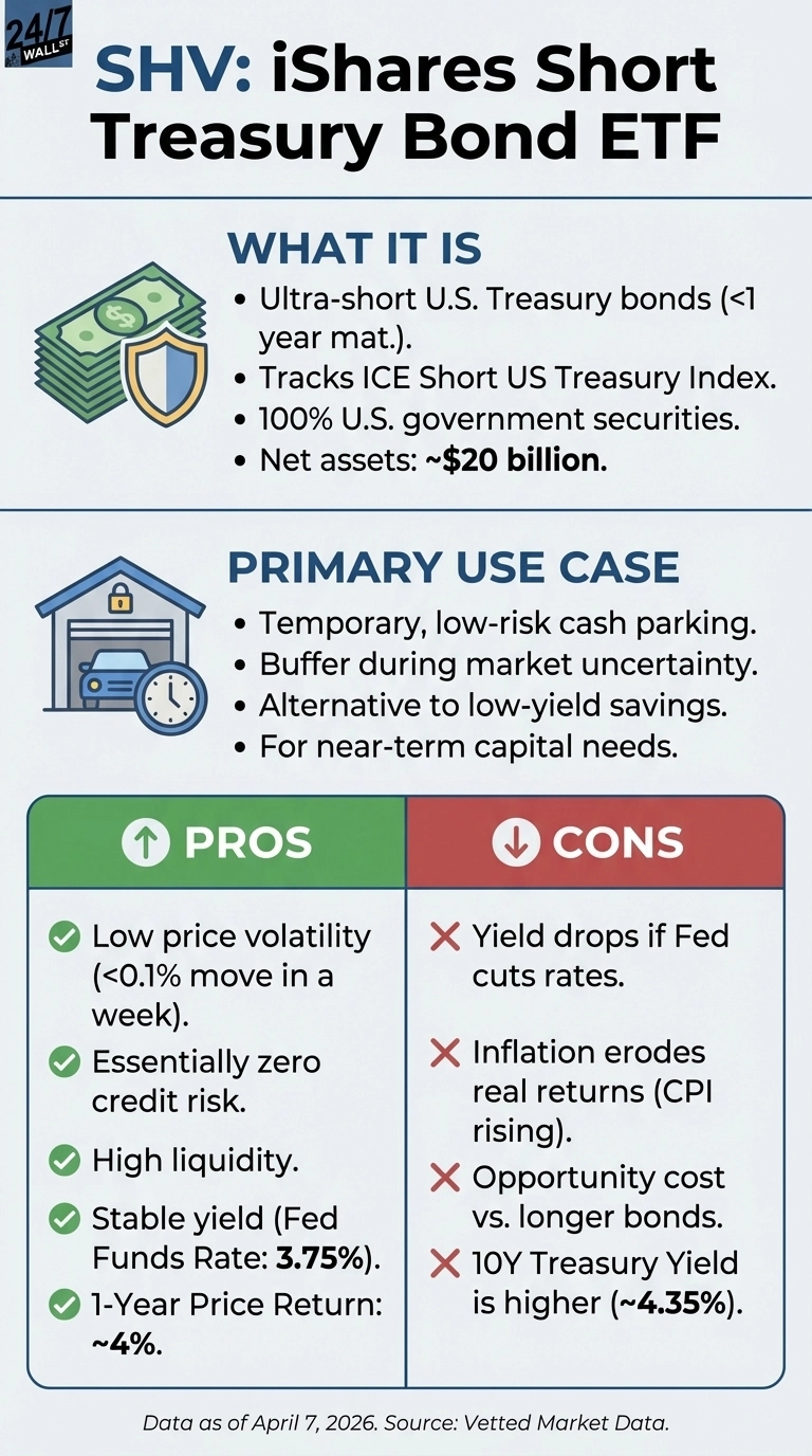 An infographic about SHV: iShares Short Treasury Bond ETF, presented in a three-section layout. The top section, 'WHAT IT IS', includes an illustration of money and a shield, listing characteristics such as ultra-short U.S. Treasury bonds and ~$20 billion in net assets. The middle section, 'PRIMARY USE CASE', features an illustration of a garage with a car and clock, detailing uses like temporary cash parking and buffering market uncertainty. The bottom section is a two-column table comparing 'PROS' (green column with checkmarks) such as low volatility and a 3.75% Fed Funds Rate, against 'CONS' (red column with 'X' marks) like yield drops from Fed cuts and higher 10Y Treasury Yield of ~4.35%. Data is as of April 7, 2026.