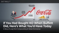 An infographic on a grey background displays a red upward-trending line graph with a timeline from 1988 to 2026. An illustration of Warren Buffett and a Coca-Cola bottle marks '1988: Buffett Enters'. The graph points indicate a '10-Year Return: +129.49%' and '63 Years of Raises'. The peak is labeled '2026: Global Dominance'. To the right, the iconic Coca-Cola logo is shown next to stacks of gold coins and a bar chart icon depicting growth, with accompanying text 'Brand That Never Stopped Printing Cash'. Below the graph, the main title reads 'If You Had Bought KO When Buffett Did, Here's What You'd Have Today', followed by 'A Story of Long-Term Compounding & Global Dominance'.