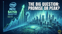A vibrant blue and green digital graphic shows Intel's (INTC) logo, market cap of $475B, and performance metrics (+365% YOY, +156% YTD) next to an upward-trending bar and line graph. A large, glowing question mark is positioned over a cityscape emerging from a circuit board with a central microchip. The top right features the text 'THE BIG QUESTION: PROMISE OR PEAK?' The overall mood is futuristic and questioning.