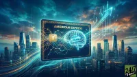A large American Express credit card, prominently featuring a glowing blue brain graphic and a gold chip, floats above a modern city skyline. Streaks of bright blue and yellow light, representing data streams, radiate from the card and flow across the urban landscape. In the background, an upward-pointing arrow and various bar graphs symbolize financial growth, all set under a dramatic sky with dark clouds and orange light.