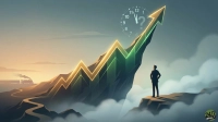 An illustration depicts a businessman standing on a cliff edge, looking up at a dramatic mountain range shaped like a glowing, upward-trending financial graph in gold and green. Above the highest peak, a large clock face with a question mark where the hands should be signifies uncertainty about timing. Clouds shroud the lower mountains, and a winding road with a train in the background adds a sense of journey and perspective against a sunset sky.