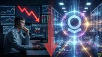 A split image depicting a serious man wearing a headset, looking at computer monitors displaying financial charts with a large red downward arrow. One monitor shows 'PLTR PUTS' and 'SCION ASSET MANAGEMENT'. The right side of the image features a glowing, intricate sphere representing Palantir Technologies with a stylized logo, surrounded by digital light patterns and server racks, with text 'PALANTIR TECHNOLOGIES' and 'ARTIFICIAL INTELLIGENCE'. A large red downward arrow cuts diagonally across both halves of the image.