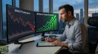 A man with a short beard, wearing a light blue patterned shirt, sits at a desk and looks intently at a computer monitor. Two black monitors are side-by-side on the desk. The left screen shows a red downward-trending stock chart titled 'XOVR ETF Performance', while the right screen displays a green upward-trending chart with large arrows, titled 'NVIDIA & Private AI Growth'. The man holds a white stylus and is writing on a black tablet. In the background, a city skyline with illuminated buildings is visible through a large window at dusk. A '24/7 WALL ST' logo is in the bottom left corner.