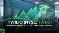 A close-up view of a digital screen displaying Twilio's (NYSE:TWLO) stock chart with green candlestick bars and an ascending line graph. A prominent, glowing green arrow points upwards over the chart. Text overlays read 'TWILIO (NYSE: TWLO) JEFFERIES UPGRADES TO BUY - $160 PRICE TARGET' and 'April 6, 2026'. The background is a softly blurred modern office interior.