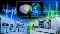 A detailed composite image shows NVIDIA CEO Jensen Huang centrally, appearing above a cleanroom environment. Behind him, within a glowing green frame, a graphic displays a large, colorful silicon wafer next to a digital globe, with data flowing into blue server racks. The upper left background features blue-lit wind turbines and power generation units, while the upper right background shows green-lit power transmission towers and lines. Below, on the left, white robotic arms manipulate silicon wafers within a pristine cleanroom. On the right, a large industrial machine bearing the NVIDIA logo operates in a similar cleanroom setting.