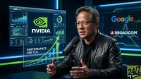 NVIDIA CEO Jensen Huang, a man with graying hair and glasses wearing a black leather jacket, speaks into a black microphone. Behind him, a large monitor displays the green NVIDIA logo and various data charts with green and blue bars. To the right, another screen shows the Google and Broadcom logos. In the foreground, a translucent blue and green holographic graph with an upward arrow depicts 'PERFORMANCE PER TCO.' The scene is lit with blue and green neon accents, and the '24/7 WALL ST' logo is visible in the bottom right corner.