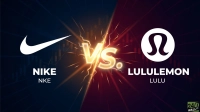 A graphic split into two halves: the left, dark blue, features the white Nike swoosh logo and text 'NIKE NKE'; the right, dark red, features the white Lululemon 'Omega' logo and text 'LULULEMON LULU'. A bright, glowing 'VS.' with lightning effects sits centrally between them. Both backgrounds subtly display candlestick financial charts, and a '24/7 WALL ST.' logo is in the bottom right.