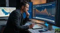 A man with a beard, wearing a dark jacket, sits at a desk in a dimly lit office, intently focused on multiple computer screens. On the large curved monitor to his right, a chart shows Brent crude futures with a declining orange line, alongside a news feed reporting on US-Iran peace talks and the potential reopening of the Strait of Hormuz. To his left, another monitor displays a map of the Persian Gulf. He holds his chin thoughtfully with one hand and a stylus in the other, resting near a tablet and smartphone on the desk, with a coffee mug nearby.