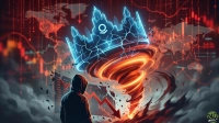 A vibrant digital illustration features a glowing blue, cracked crown, shaped like a cityscape, being pulled into a swirling orange and red fiery tornado. In the foreground, a hooded figure stands before a floating holographic display showing red financial data, a prominent red downward-pointing arrow, and fragmented pieces. The background is a blurry composition of red digital code, world maps, and bearish stock charts, all contributing to a mood of financial crisis and instability.