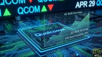 A close-up, high-tech image showcases a central, glowing blue-and-green Qualcomm microchip embedded on an intricate circuit board. Above the chip, a translucent, holographic screen displays a rising green line graph labeled 'Q2 2026 Earnings' at the top and 'EPS Beat Probability: 96%' at the bottom. In the background, a blurred digital stock ticker shows 'QCOM' with a green upward arrow and the date 'APR 29'. The overall color scheme is futuristic blue and green, with subtle depth and glow. The '24/7 WALL ST' logo is visible in the bottom right corner.