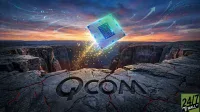 A vibrant, glowing computer chip floats above a deep, rocky canyon. The letters "QCOM" are carved into the cracked rock in the foreground, with red glowing fissures. Digital data streams and upward-pointing arrows arc across a dramatic sunset sky in the background, symbolizing technological and market progress.