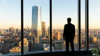 A silhouetted businessman, viewed from behind, stands at a large window overlooking a vast city skyline. The sky is bright with warm golden and light blue hues, indicating sunrise or sunset. Numerous tall skyscrapers and smaller buildings stretch across the cityscape, partially reflecting the light. The man wears a suit and looks thoughtfully out at the urban expanse.