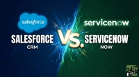 A graphic depicting a showdown between Salesforce and ServiceNow. The left side is blue with the Salesforce cloud logo, 'SALESFORCE', and 'CRM'. The right side is green with the ServiceNow logo, 'SERVICENOW', and 'NOW'. A golden 'VS.' symbol is in the center with energetic blue and green lightning effects. Stock chart lines are visible in the background, and a '24/7 WALL ST' logo is in the bottom right.