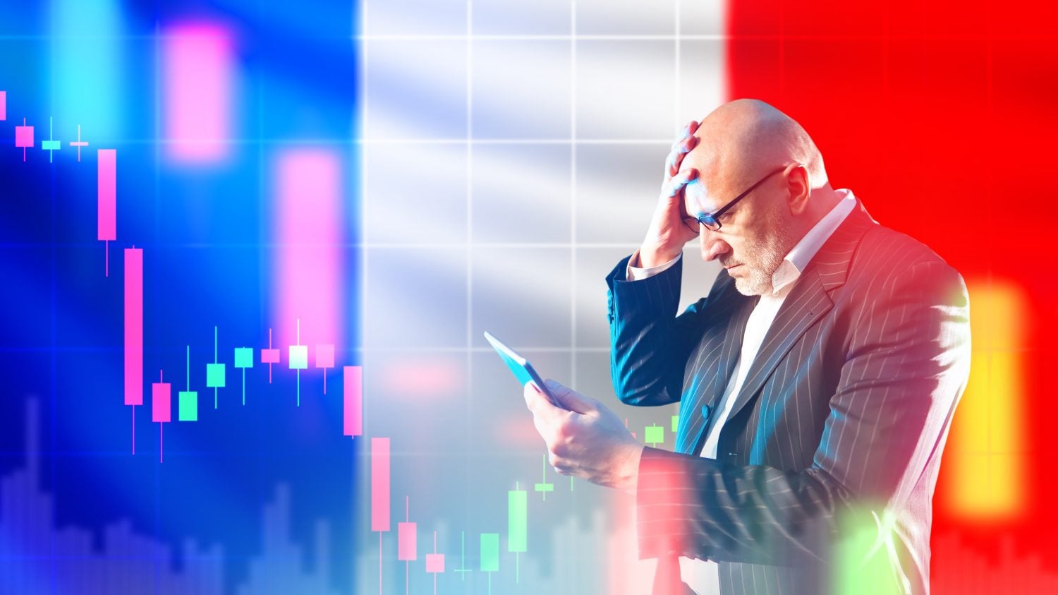 French investor lost money. Man banker near flag of France. Upset investor clutches head. Graph symbolizes crisis in France. Collapse of french economy. Upset business man with electronic tablet.