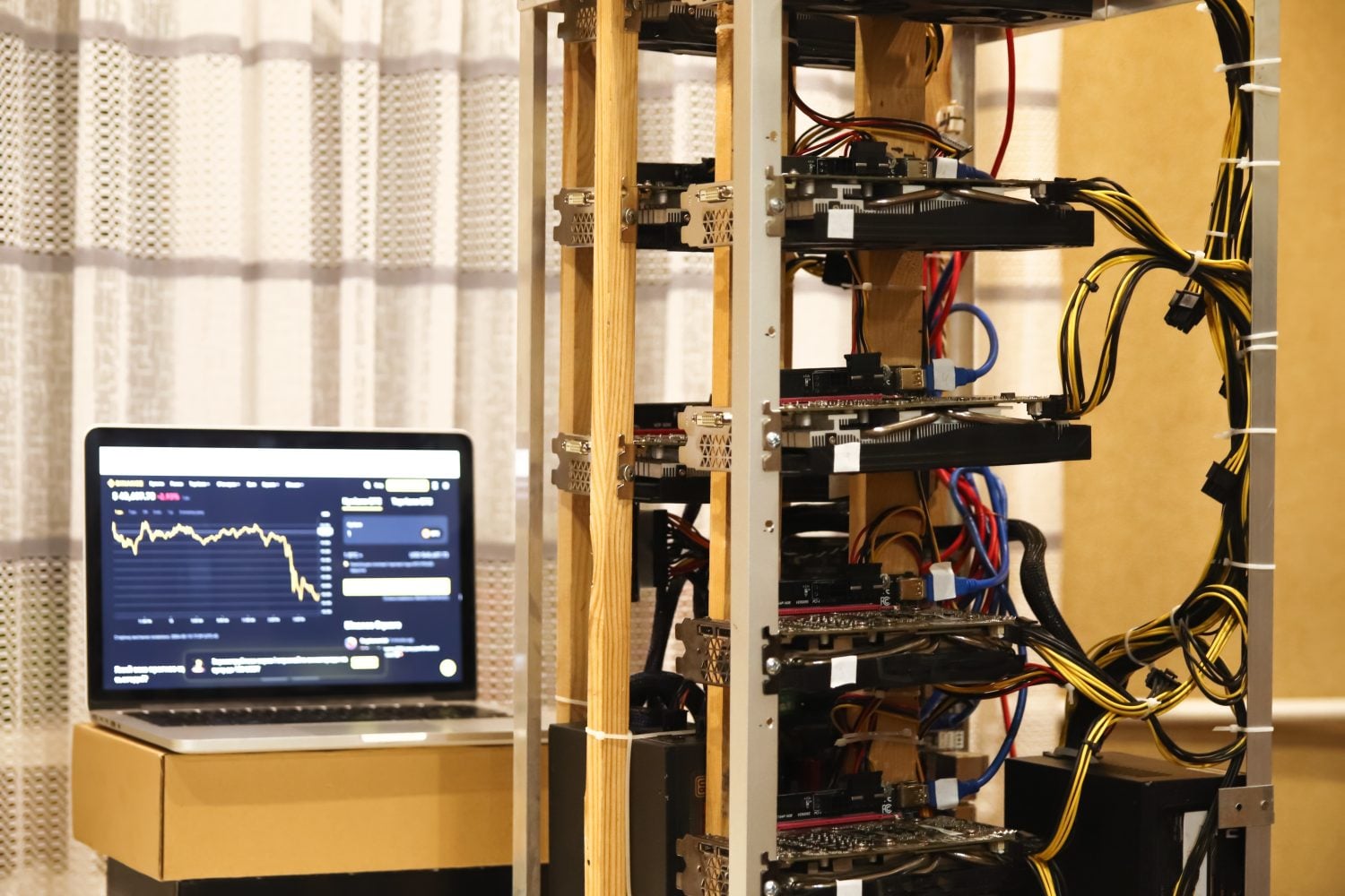 Crypt farm. Home mining concept. Internet technology to mine Bitcoin and other digital currencies using video cards. blockchain technology concept.