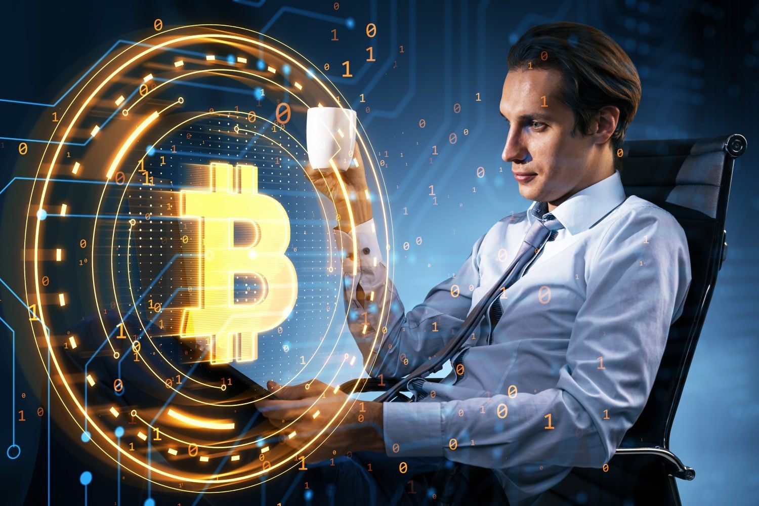 Businessman holding a cup while viewing at a glowing Bitcoin symbol surrounded by digital elements on a blue background, concept of cryptocurrency and blockchain technology, creative photo