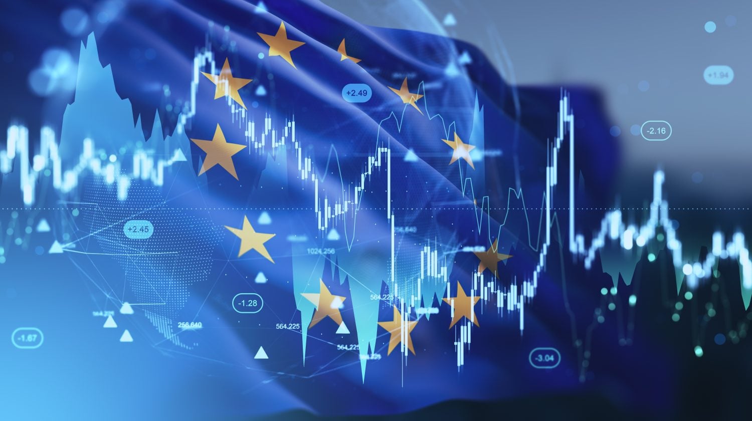 European Union flag overlaid with forex and crypto trading chart, digital hologram style, on a financial market background, symbolizing economic concept
