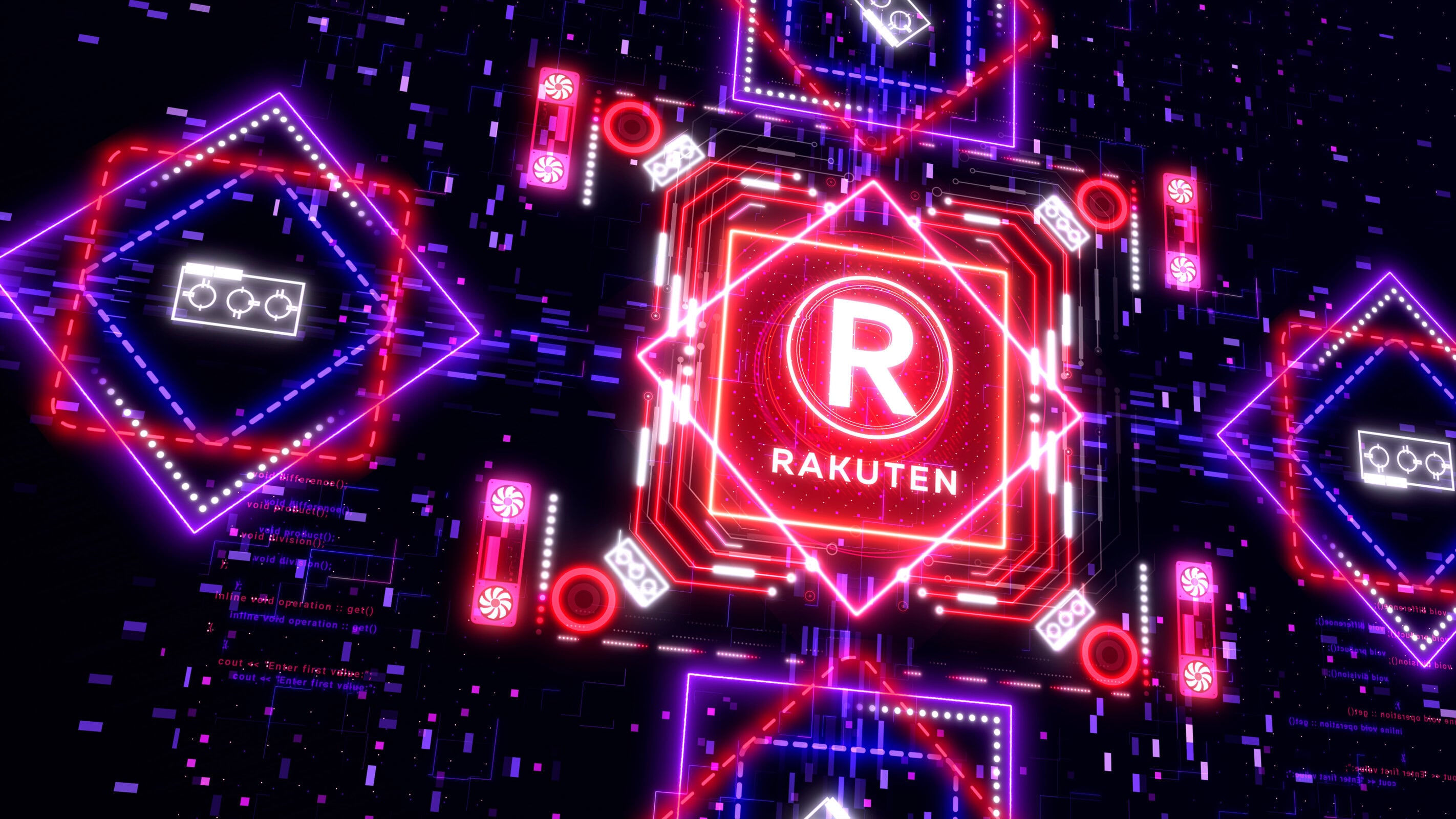 Symbol of blockchain cryptocurrency rakuten coin. Business and finance 3d illustration