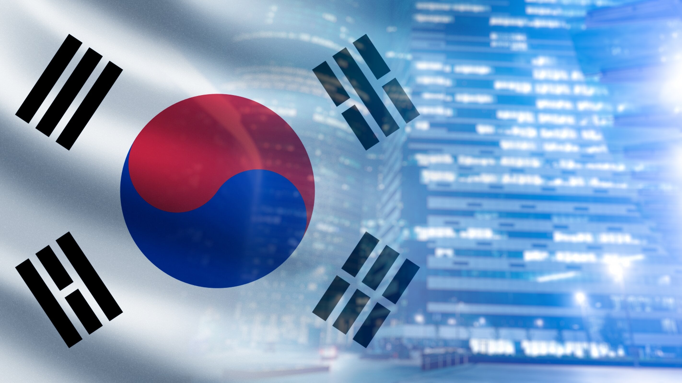 South Korea flag. Business building. Skyscraper with South Korea flag. Downtown Seoul. Corporate building from South Korea. Business quarter. High-rise building with luminous windows. Art focus by FOTOGRIN