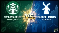 A graphic split down the middle by a glowing golden 'VS.' symbol, surrounded by a bright, explosive light and lightning bolts. The left side is green, featuring the Starbucks siren logo, the text 'STARBUCKS', and 'NASDAQ:SBUX', along with coffee beans and abstract stock chart lines. The right side is blue, displaying the Dutch Bros windmill logo, the text 'DUTCH BROS', and 'NYSE:BROS', accompanied by energy drink cans, a wind turbine, and abstract stock chart lines. A '24/7 WALL ST' logo is present in the bottom right corner.
