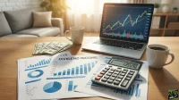 A wooden desk features a silver laptop displaying a green and red stock market chart. Beside it are stacks of $100 bills, financial papers titled 'DIVIDEND INCOME' with blue bar and pie charts, a calculator showing '+35590', and two white mugs. In the blurred background, a light grey sofa and a sunny window are visible.