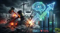 A digitally rendered image split down the middle by an explosive clash. The left side is dark and depicts two wooden gavels, one broken, scales of justice, red warning lights, industrial gears, and wires on cracked ground under a dark, stormy sky. The right side is bright and shows a glowing blue-green digital brain labeled 'AI', a large upward-pointing arrow made of glowing lines and nodes, and several vertical server racks on a grid pattern floor. At the bottom right, the text 'SMCI', a red downward arrow, '10%', and the '24/7 WALL ST' logo are visible.