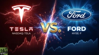 A graphic depicting a red side representing Tesla and a blue side representing Ford, separated by golden 'VS' text and a bolt of energy. The Tesla side shows its logo, a car outline, circuit board patterns, and an upward-trending red stock graph. The Ford side shows its logo, truck outlines, gears, and an upward-trending blue stock graph. Both companies' names and stock tickers (NASDAQ: TSLA, NYSE: F) are prominently displayed.
