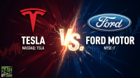 A dynamic graphic illustrating a battle between Tesla and Ford Motor. The left side, in red, features the Tesla logo, 'TESLA', and 'NASDAQ: TSLA'. The right side, in blue, displays the Ford oval logo, 'FORD MOTOR', and 'NYSE: F'. A large, glowing white 'VS.' with lightning effects dramatically separates the two sides. Subtle stock chart patterns are visible in the background of both sections. The '24/7 WALL ST.' logo is in the bottom left corner.