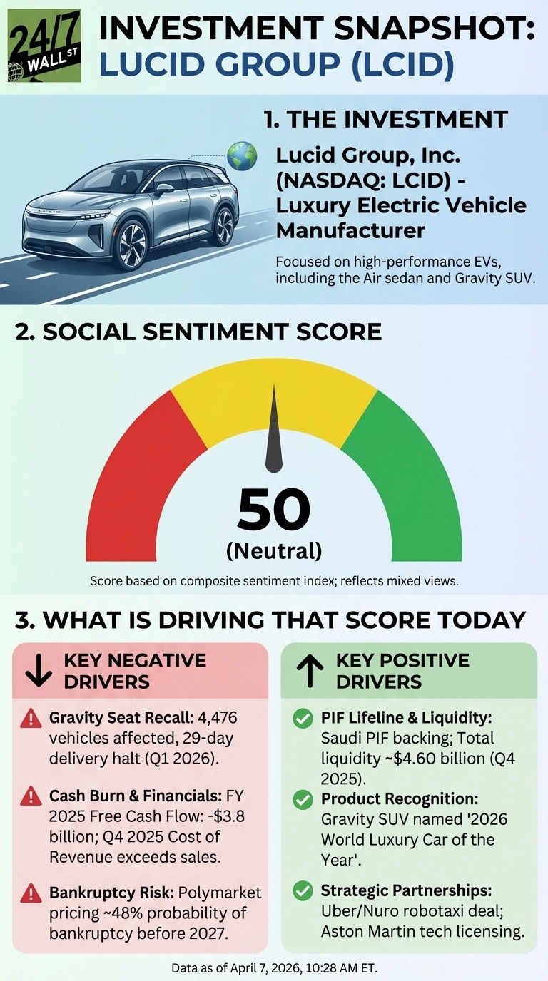An infographic titled 'INVESTMENT SNAPSHOT: LUCID GROUP (LCID)' with three sections. Section 1, 'THE INVESTMENT,' shows a silver Lucid Gravity SUV and describes Lucid Group as a Luxury Electric Vehicle Manufacturer focused on high-performance EVs, including the Air sedan and Gravity SUV. Section 2, 'SOCIAL SENTIMENT SCORE,' features a dial gauge with a needle pointing to a score of 50, labeled 'Neutral,' with color segments for red (negative), yellow (neutral), and green (positive). Section 3, 'WHAT IS DRIVING THAT SCORE TODAY,' is split into 'KEY NEGATIVE DRIVERS' in a pink box and 'KEY POSITIVE DRIVERS' in a green box. Negative drivers listed are: Gravity Seat Recall (4,476 vehicles affected, 29-day delivery halt in Q1 2026), Cash Burn & Financials (FY 2025 Free Cash Flow: -$3.8 billion; Q4 2025 Cost of Revenue exceeds sales), and Bankruptcy Risk (Polymarket pricing ~48% probability of bankruptcy before 2027). Positive drivers listed are: PIF Lifeline & Liquidity (Saudi PIF backing; Total liquidity ~$4.60 billion in Q4 2025), Product Recognition (Gravity SUV named '2026 World Luxury Car of the Year'), and Strategic Partnerships (Uber/Nuro robotaxi deal; Aston Martin tech licensing). The infographic footer states 'Data as of April 7, 2026, 10:28 AM ET.'