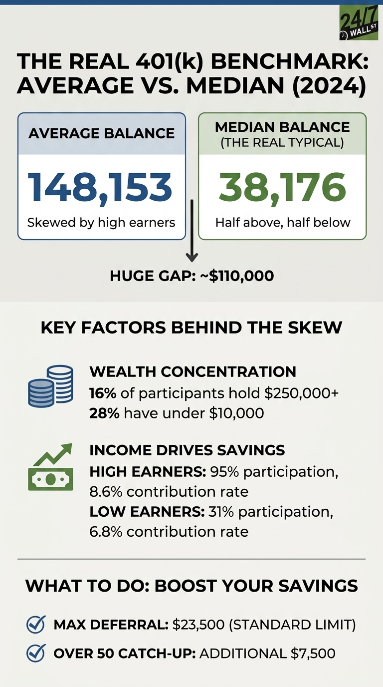 An infographic titled 'THE REAL 401(k) BENCHMARK: AVERAGE VS. MEDIAN (2024)'.
