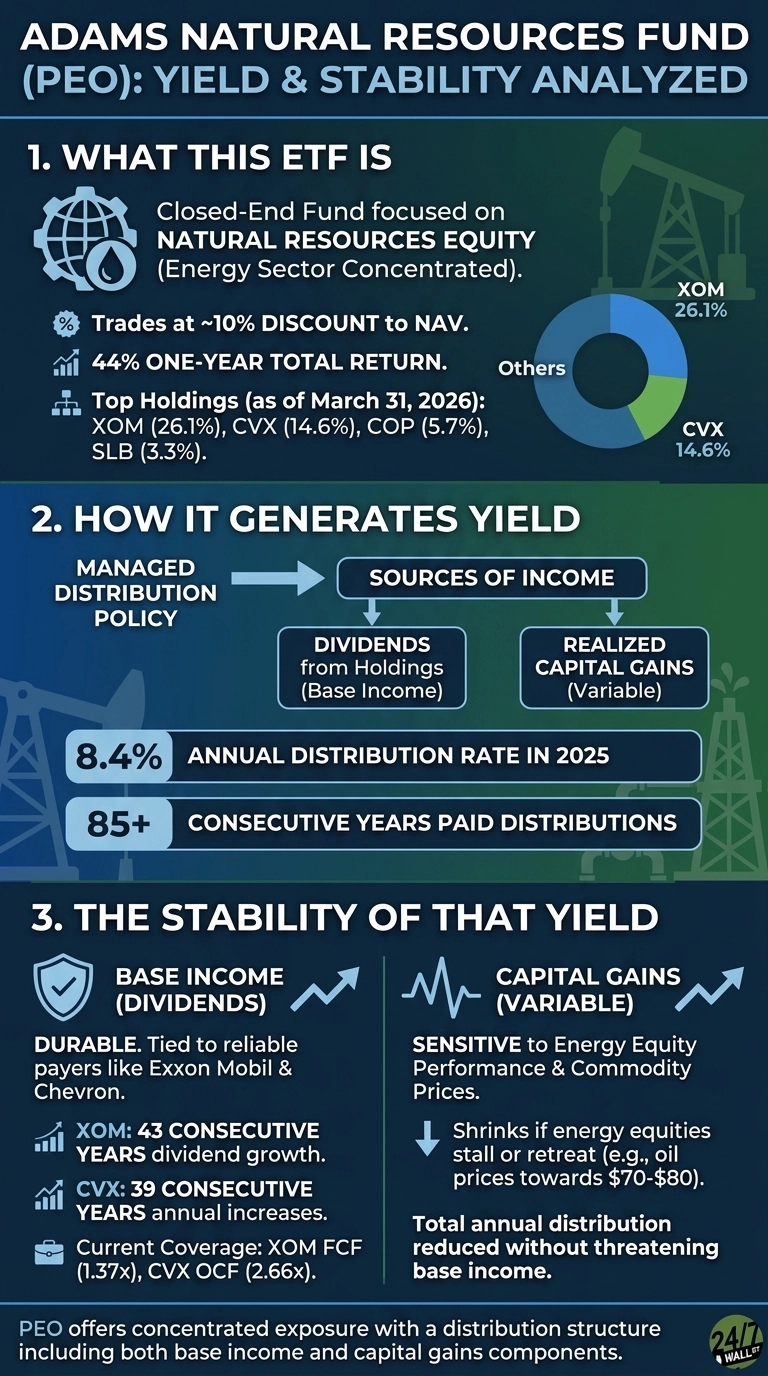 An infographic titled 'Adams Natural Resources Fund (PEO): Yield & Stability Analyzed' is divided into three sections. Section 1, 'WHAT THIS ETF IS', describes PEO as a Closed-End Fund focused on Natural Resources Equity (Energy Sector Concentrated), trading at an ~10% discount to NAV, with a 44% one-year total return. A pie chart shows Top Holdings (as of March 31, 2026): XOM 26.1%, CVX 14.6%, and Others. Section 2, 'HOW IT GENERATES YIELD', illustrates a Managed Distribution Policy leading to Sources of Income: Dividends from Holdings (Base Income) and Realized Capital Gains (Variable). Key metrics include an 8.4% Annual Distribution Rate in 2025 and 85+ Consecutive Years Paid Distributions. Section 3, 'THE STABILITY OF THAT YIELD', compares Base Income (Dividends) with Capital Gains (Variable). Base Income is described as durable, tied to reliable payers like Exxon Mobil & Chevron, with XOM showing 43 consecutive years of dividend growth and CVX showing 39 consecutive years of annual increases. Current Coverage is XOM FCF (1.37x) and CVX OCF (2.66x). Capital Gains are sensitive to energy equity performance & commodity prices, shrinking if equities stall or retreat (e.g., oil prices towards $70-$80), with total annual distribution reduced without threatening base income. A concluding statement at the bottom indicates PEO offers concentrated exposure with a distribution structure including both base income and capital gains components.
