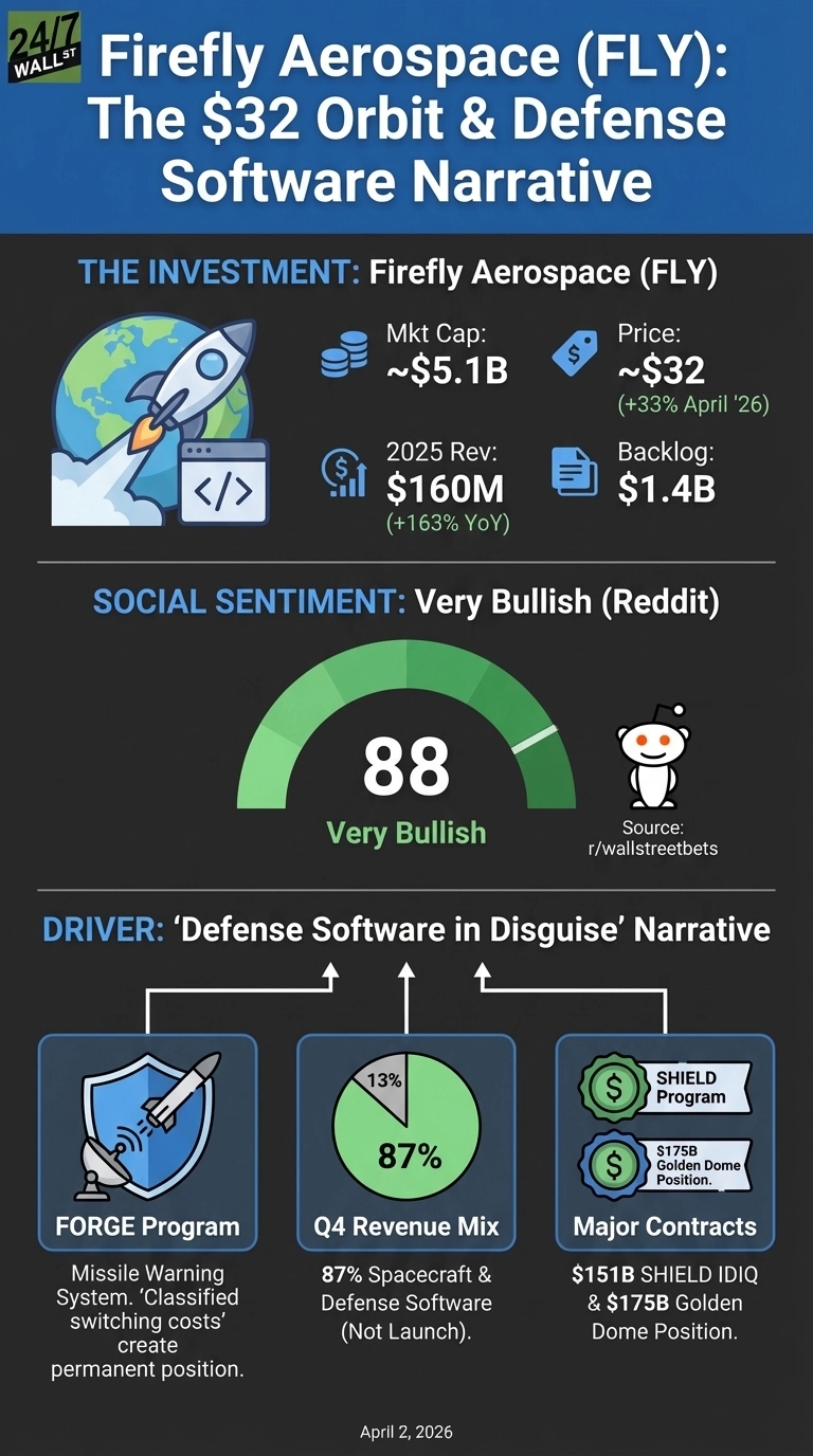 An infographic titled 'Firefly Aerospace (FLY): The $32 Orbit & Defense Software Narrative'. It presents three main sections. The first section, 'THE INVESTMENT', shows a rocket orbiting Earth, and lists Mkt Cap: ~$5.1B, Price: ~$32 (+33% April '26), 2025 Rev: $160M (+163% YoY), and Backlog: $1.4B. The second section, 'SOCIAL SENTIMENT', features a green gauge indicating a score of 88, labeled 'Very Bullish', with a Reddit icon and source 'r/wallstreetbets'. The third section, 'DRIVER', is titled ''Defense Software in Disguise' Narrative', and includes three panels: 'FORGE Program' with a shield and missile icon, describing a Missile Warning System; 'Q4 Revenue Mix' showing a pie chart with 87% Spacecraft & Defense Software and 13% other; and 'Major Contracts' with dollar shield icons, listing $151B SHIELD IDIQ & $175B Golden Dome Position. The bottom of the infographic states 'April 2, 2026'.