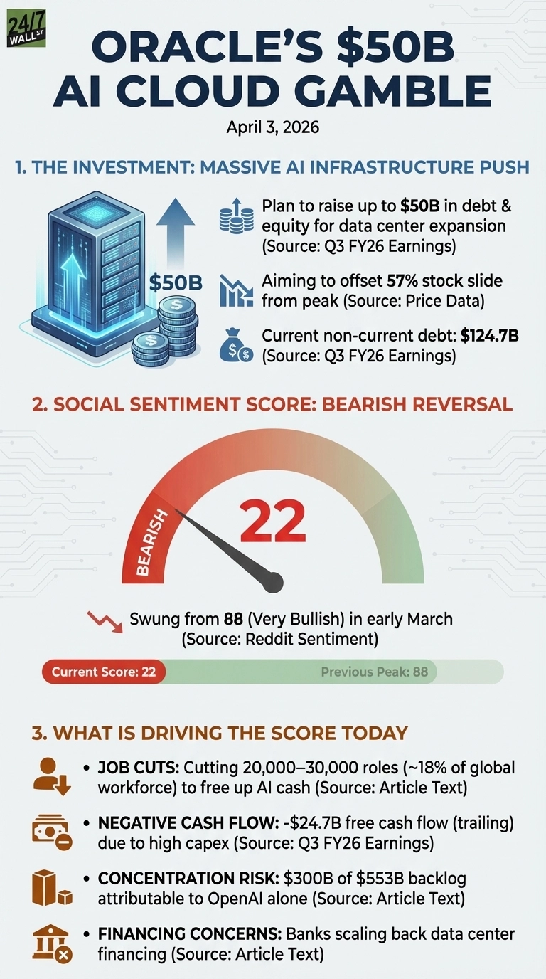 An infographic titled 'Oracle's $50B AI Cloud Gamble' dated April 3, 2026. It features three sections. The first section, 'The Investment: Massive AI Infrastructure Push,' includes an illustration of a server, money stacks labeled '$50B', an upward arrow, a downward arrow, and a money bag. Text describes plans to raise up to $50B for data center expansion, aiming to offset a 57% stock slide, and notes a current non-current debt of $124.7B. The second section, 'Social Sentiment Score: Bearish Reversal,' shows a gauge with a needle pointing to '22' in the red 'BEARISH' zone, indicating a swing from 88 (Very Bullish) in early March. The third section, 'What is Driving the Score Today,' lists four bullet points with accompanying icons: Job Cuts (20,000-30,000 roles) with a person icon and down arrow; Negative Cash Flow (-$24.7B) with a money icon and minus sign; Concentration Risk ($300B of $553B backlog attributable to OpenAI alone) with building block icons; and Financing Concerns (banks scaling back data center financing) with a crossed-out bank icon.