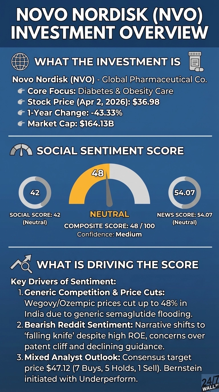 An infographic on a deep blue background titled 'NOVO NORDISK (NVO) INVESTMENT OVERVIEW'. The first section, 'WHAT THE INVESTMENT IS', states Novo Nordisk (NVO) is a Global Pharmaceutical Co. with a core focus on Diabetes &amp; Obesity Care. The stock price on April 2, 2026, is $36.98, with a 1-year change of -43.33% and a Market Cap of $164.13B. The second section, 'SOCIAL SENTIMENT SCORE', shows three circular gauges. The left gauge indicates a 'SOCIAL SCORE: 42 (Neutral)'. The central gauge is a half-circle meter with a needle pointing to '48' in the 'NEUTRAL' yellow section, labeled 'COMPOSITE SCORE: 48 / 100' with 'Confidence: Medium'. The right gauge shows 'NEWS SCORE: 54.07 (Neutral)'. The third section, 'WHAT IS DRIVING THE SCORE', lists three Key Drivers of Sentiment: 1. Generic Competition &amp; Price Cuts (Wegovy/Ozempic prices cut up to 48% in India due to generic semaglutide flooding). 2. Bearish Reddit Sentiment (Narrative shifts to 'falling knife' despite high ROE, concerns over patent cliff and declining guidance). 3. Mixed Analyst Outlook (Consensus target price $47.12 (7 Buys, 5 Holds, 1 Sell). Bernstein initiated with Underperform).
